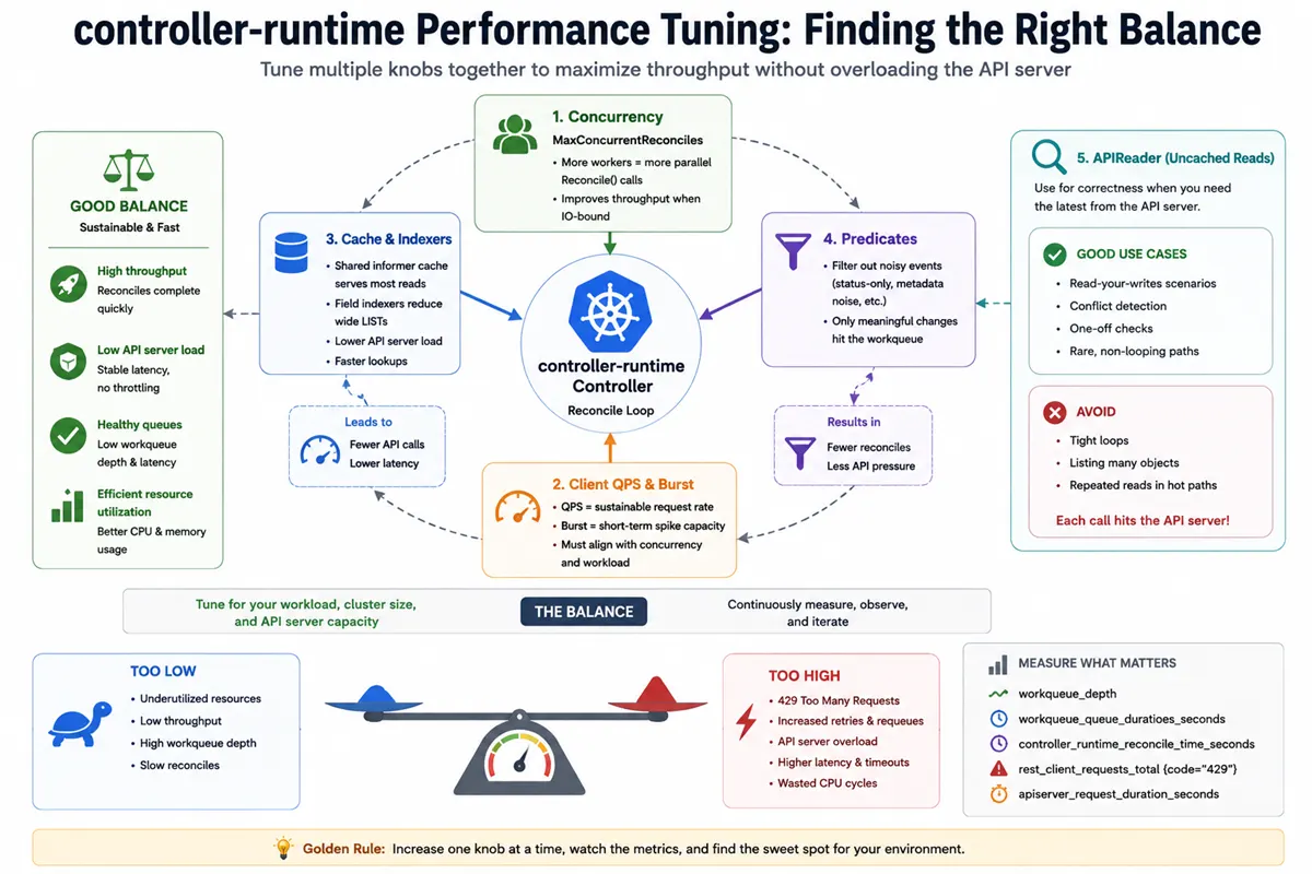 controller-runtime performance tuning balance showing how MaxConcurrentReconciles, client QPS and Burst, cache, predicates, and APIReader influence throughput, API server load, and reconcile performance