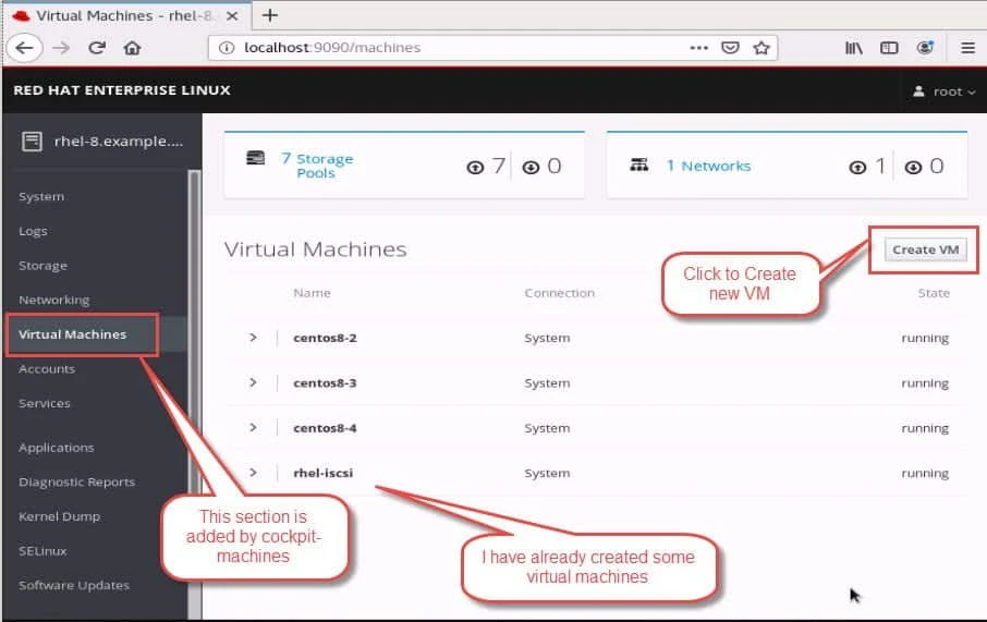 Create KVM Virtual Machine using Cockpit UI RHEL CentOS 8