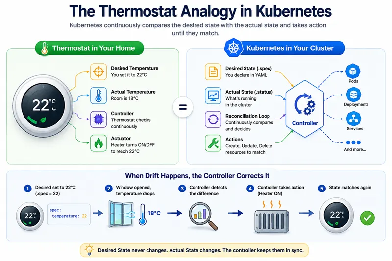 Thermostat analogy for Kubernetes desired state vs actual state reconciliation