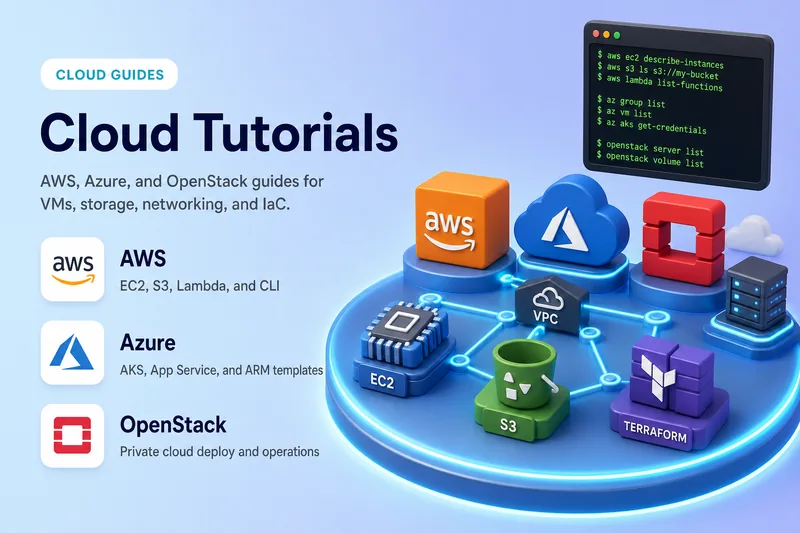 Cloud category illustration with AWS, Azure, and OpenStack architecture, EC2, S3, AKS, and Terraform graphics