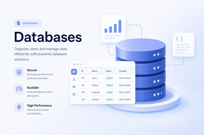 Database tutorials illustration with SQL tables, server cylinders, and data connections