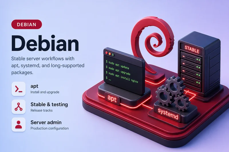 Debian family Linux tutorials illustration with apt, Netplan, and systemd