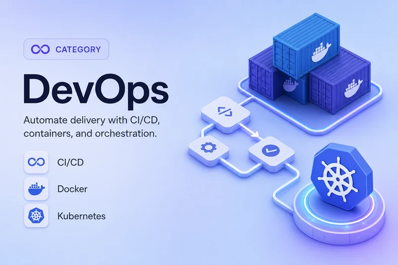 DevOps category illustration with CI/CD, Docker, and Kubernetes graphics