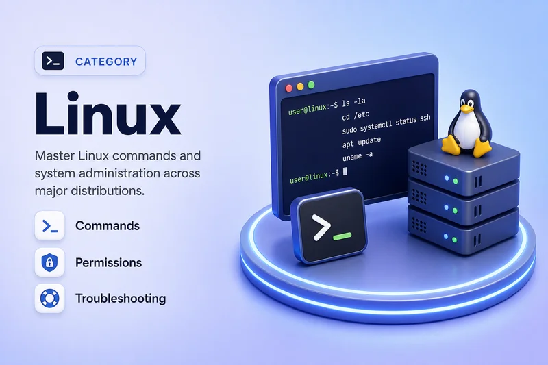 Linux category illustration with terminal, commands, permissions, and troubleshooting features