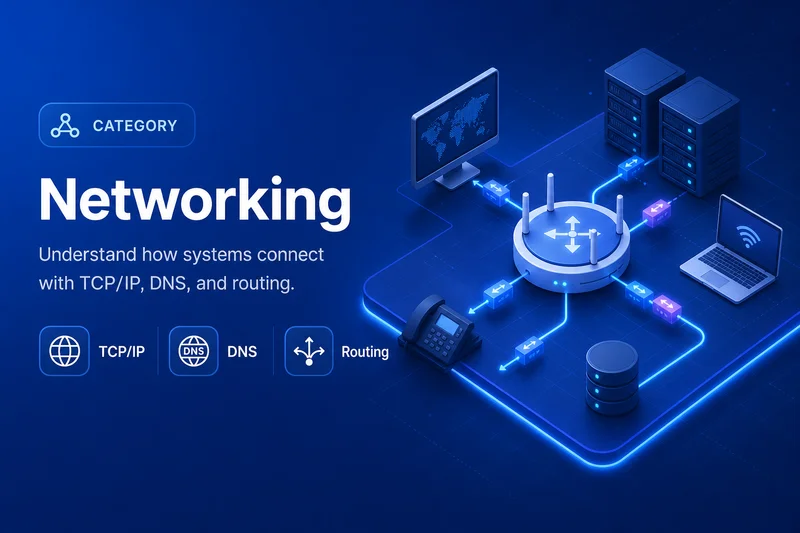 Networking category illustration with TCP/IP, DNS, and routing graphics