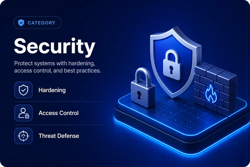 Security category illustration with shield, access control, and threat defense graphics
