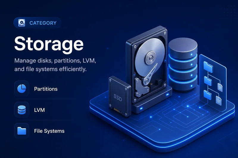 Storage category illustration with disks, LVM, and file system graphics