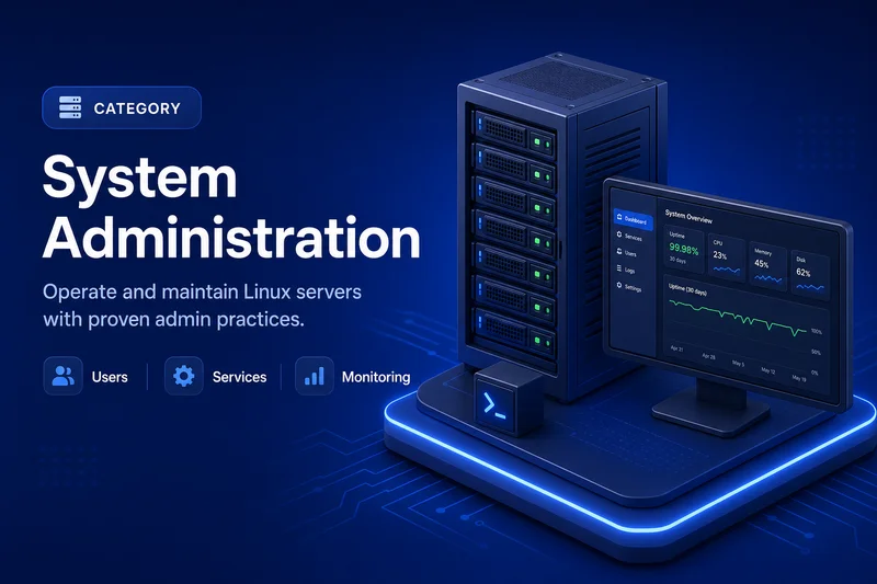 System administration category illustration with server rack, services, and monitoring graphics