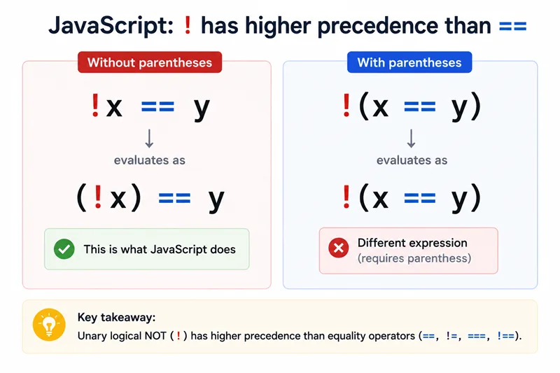 Diagram: unary logical NOT binds tighter than loose equality unless you add parentheses around the comparison