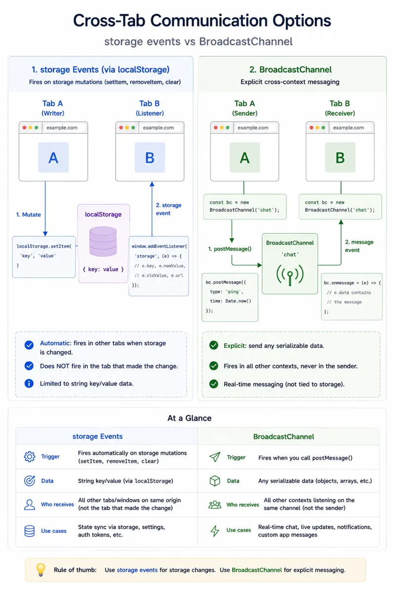 Diagram: storage events fire on storage mutations versus BroadcastChannel for explicit cross-context messages