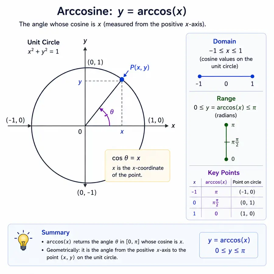 Unit circle diagram illustrating arccosine as the angle from the x-axis to a point on the circle with domain between negative one and one