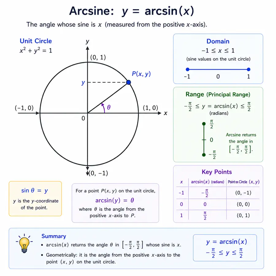 Unit circle diagram illustrating arcsine Math.asin principal range in radians