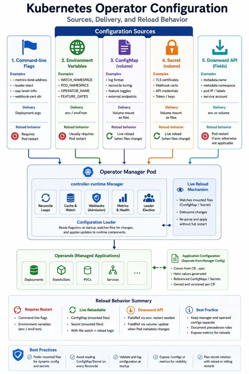 Kubernetes Operator configuration flow showing command-line flags, environment variables, ConfigMaps, Secrets, and Downward API entering the manager Pod, with different restart and live reload behaviors