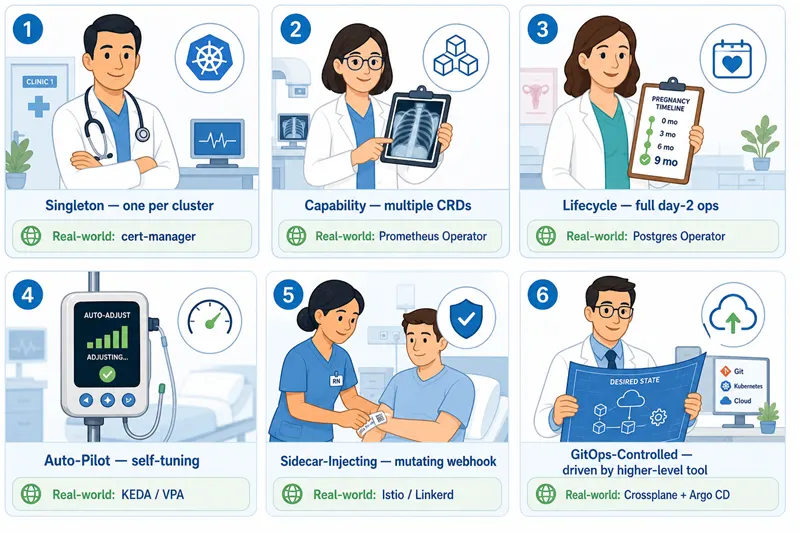 Six Kubernetes Operator design patterns mapped to hospital specialist roles — GP (Singleton), Specialist (Capability), Obstetrician (Lifecycle), Smart pump (Auto-Pilot), Admin with wristband (Sidecar-Injecting), Doctor with blueprint (GitOps-Controlled)