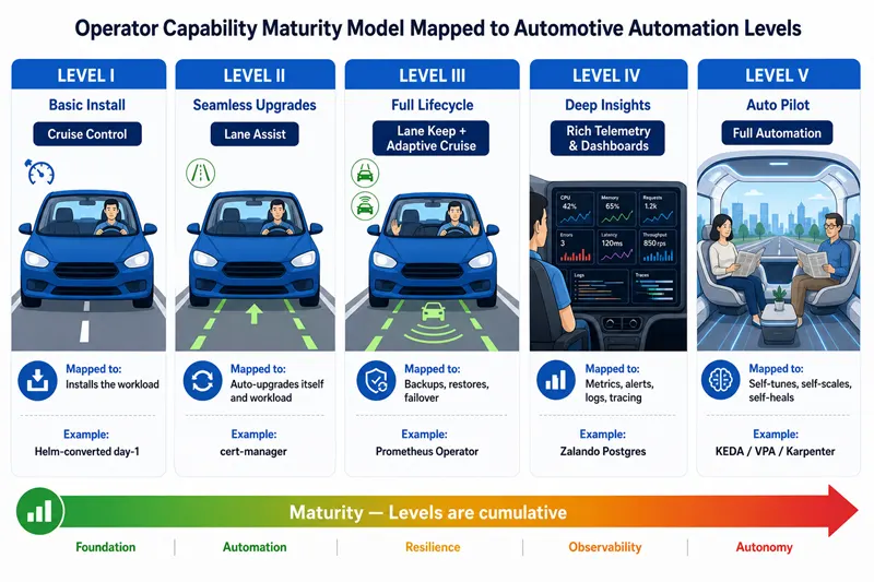 Five Operator capability levels mapped to car automation levels — Level I Basic Install (cruise control), Level II Seamless Upgrades (lane assist), Level III Full Lifecycle (adaptive cruise), Level IV Deep Insights (dashboard telemetry), Level V Auto Pilot (no steering wheel)