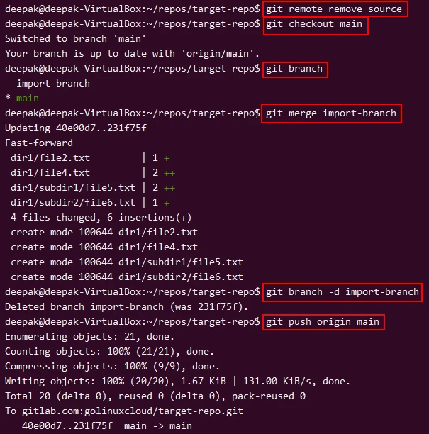 Cleaning up branch and pushing moved content to target repository
