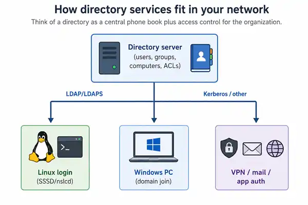 Diagram: central directory server holding users, groups, computers, and ACLs; LDAP/LDAPS feeds Linux login via SSSD or nslcd, Kerberos feeds Windows domain join, and other protocols serve VPN, mail, and application authentication