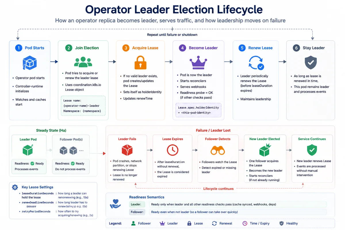 Kubernetes operator leader election lifecycle state machine — a single replica transitions between Starting → Acquiring (racing to write the Lease) → Leader (renewing renewTime every RetryPeriod, running controllers) → Standby (Lease alive but held by someone else, polling every RetryPeriod) → Expired (renewTime + leaseDurationSeconds < now, back to Acquiring). On SIGTERM the Leader takes a Releasing path that explicitly clears the holderIdentity when LeaderElectionReleaseOnCancel is true, shortening failover from LeaseDuration (~15 s) down to RetryPeriod (~2 s). Every transition is a single etcd write on the coordination.k8s.io/v1 Lease.