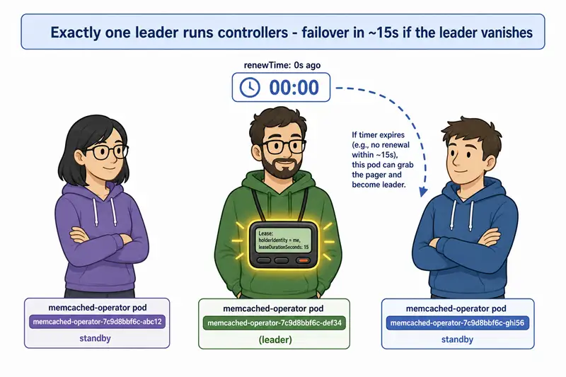 Kubernetes operator leader election visualised as an on-call pager rotation — three operator pods stand side by side, only the middle one holds the active pager labelled "Lease: holderIdentity=me, leaseDurationSeconds:15", and a standby pod is ready to pick it up if the renewTime expires. The Lease object in coordination.k8s.io is exactly that pager.
