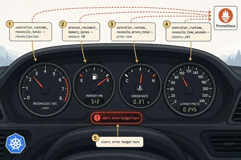 Operator metrics visualised as a car dashboard with four gauges and an alert light — RPM (controller_runtime_reconcile_total), fuel (process_resident_memory_bytes), engine temperature (controller_runtime_reconcile_errors_total), and speedometer (controller_runtime_reconcile_time_seconds p95) — with arrows pointing up to a Prometheus icon. A red "error budget burn" warning light sits below. Bounded cardinality, actionable readings, real-time sensors — the dashboard is the alarm; profiling is the diagnosis.