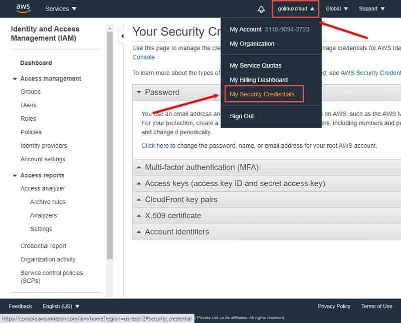 Open Security credentials from the AWS account menu