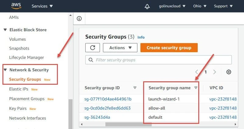 Security group list in EC2