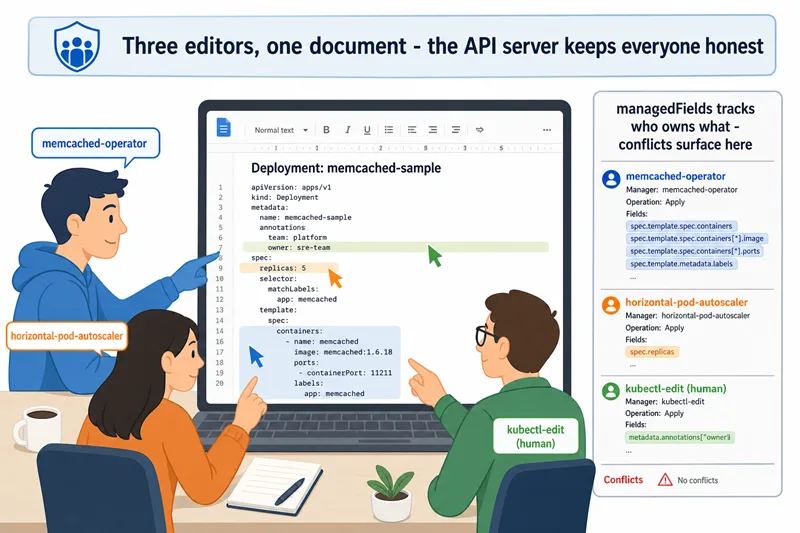Three editors collaborating on a single Google Doc, each with a coloured name tag showing the fields they own — exactly the same model as Kubernetes Server-Side Apply where multiple controllers co-own fields of one object through managedFields and FieldManager names.