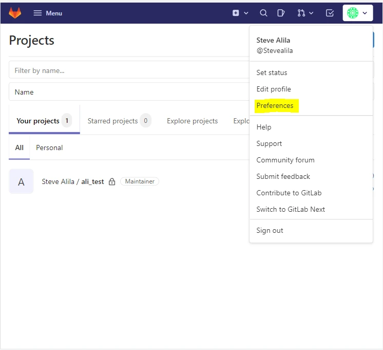 GitLab profile preferences menu for SSH key setup
