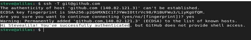 Successful SSH authentication test with GitHub
