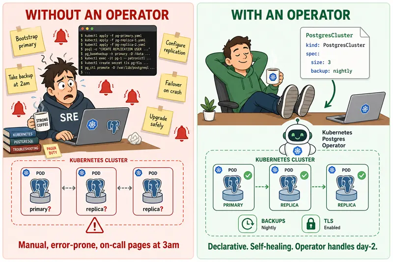 Side-by-side illustration comparing running Postgres without an Operator (stressed engineer, manual commands, sticky notes, alerts) with running it through an Operator (relaxed engineer, one small YAML, healthy primary plus two replicas with backups and TLS).