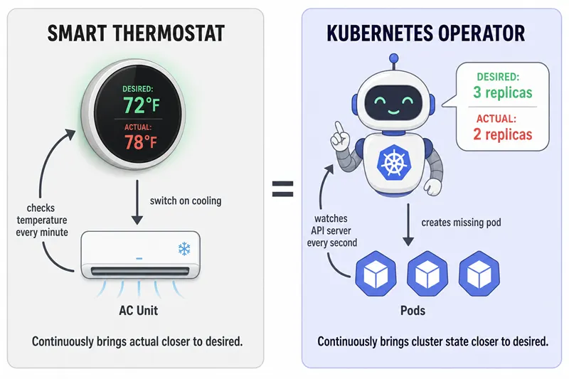 Side-by-side analogy showing how a Kubernetes Operator works like a smart thermostat: both compare a desired state against the actual state and continuously take small corrective actions to close the gap.