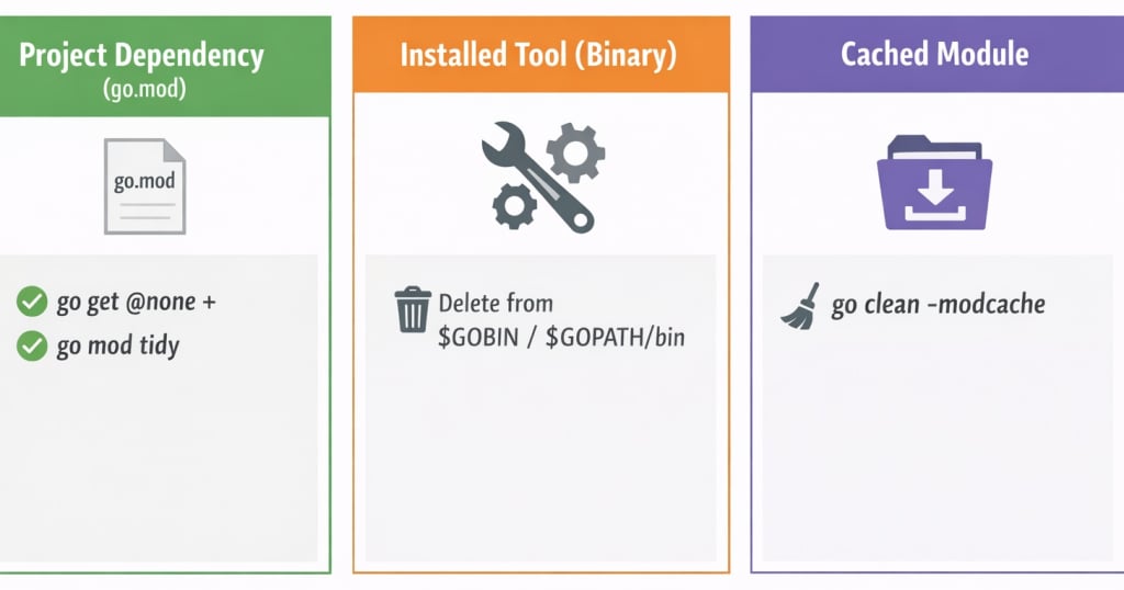 Diagram explaining how to remove or uninstall a Go package, including go.mod dependencies, installed Go tools, and cached modules.
